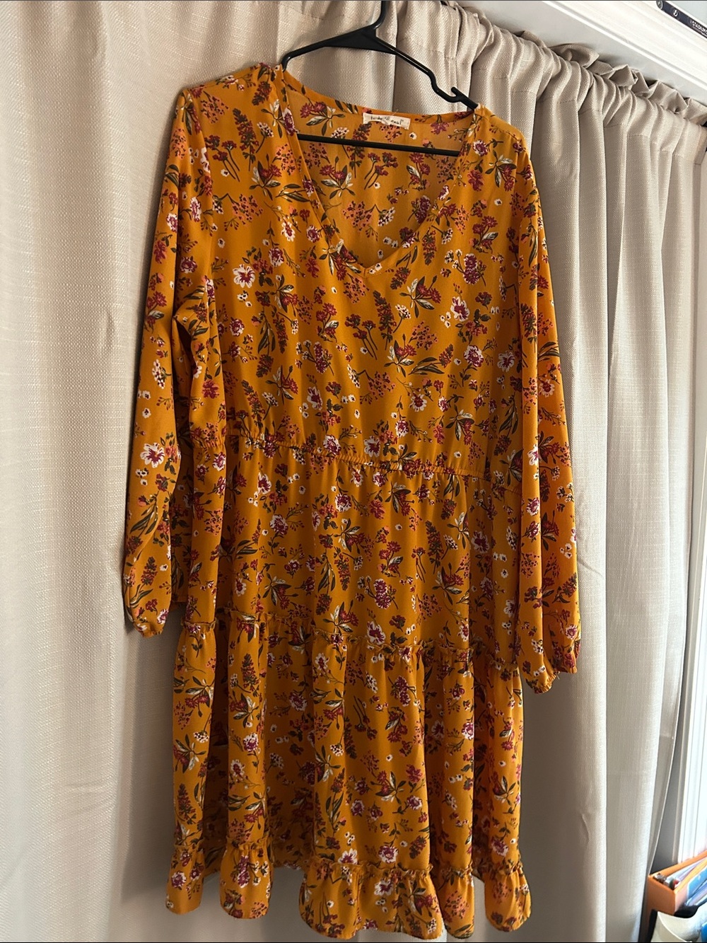 indigo soul Mustard Floral Long Sleeve Tiered Dress